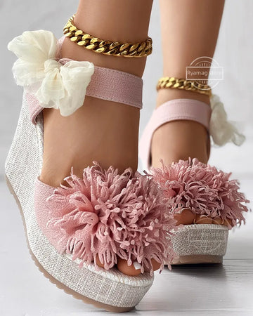 Xajzpa Sandals Women's Floral Pattern Bowknot Decor Platform Wedge Espadrilles Platform Bow High Heels Women's Slippers Shoes